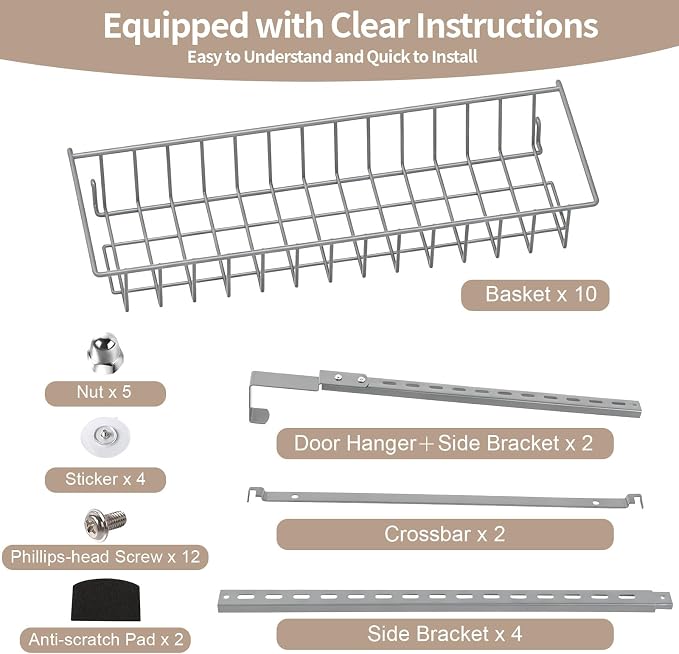 ElegantArray 10-Tier Pantry Door Organizer, Light Gray | Over The Door Pantry Organizer Rack and Storage, Hanging Spice Rack Shelves Door, Home Office Laundry Room Bathroom & Kitchen