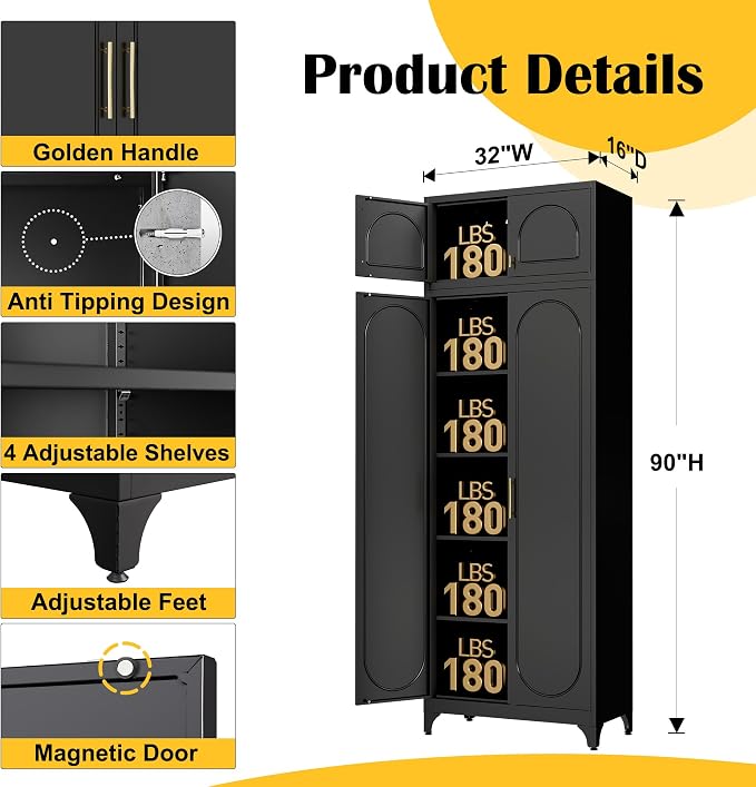 SteeLoong 90"Metal Pantry Storage Cabinet with Doors & 4 Adjustable Shelves | Kitchen Pantry Cabinet,Black Tall Pantry Cabinet for Kitchen Storage,Storage Cupboard for Living Room,Pantry,Garage,Bathroom
