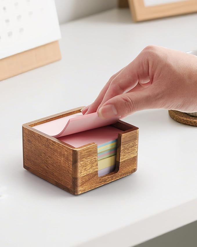 Acacia Wood Sticky Note Holder, Post It Note Dispenser for Office Desk, 3x3 Sticky Notes Organizer, Wooden Memo Pad Holder for Desk Home Accessories, No Pads Included (Sticky Note Holder)