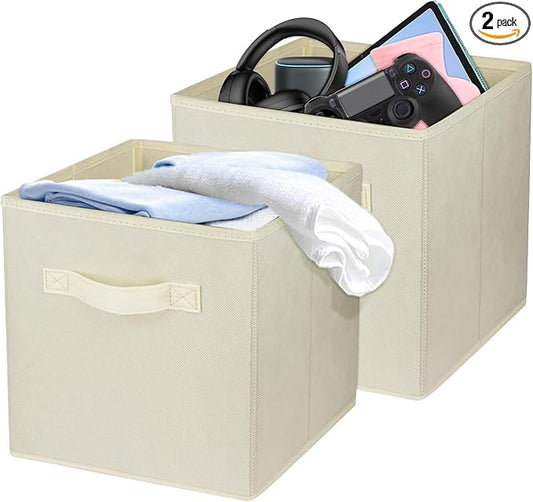 2 Pcs Storage Cubes, 10.5 Inch Collapsible Storage Bins, Fabric Foldable Bins for Organization, Durable Storage Bins for Closet, Shelves, Offices (Beige)