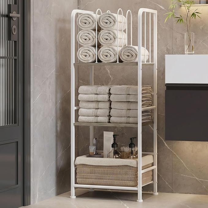 3-Tier Freestanding Towel Racks for Bathroom, White Towel Rack Stand | Detachable M-shaped Dividers for Bath Towel Storage Premium Iron & Wood Holder Crafted for Bathroom Organization