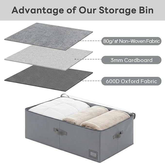 10" High Capacity Under Bed Storage Bins (2-Pack, Grey), Deep 600D Heavy Duty Oxford Fabric Storage Box for King Size Comforters, Pillows & Large Blankets