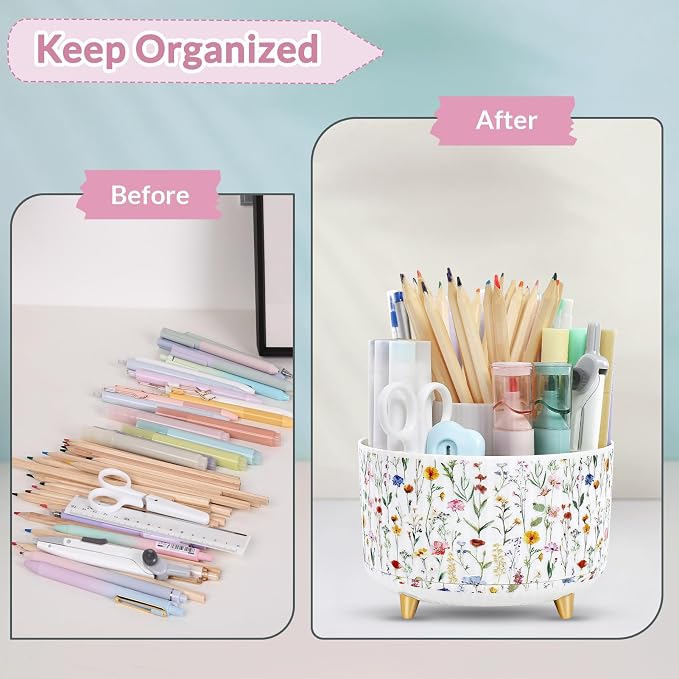 SKYDUE 360 Degree Rotating Desk Organizer, Dual-Purpose Pencil Pen Holder for Desktop, Desk Pen Organizer with 5 Slots, Office Supplies, Pencil Cup for Office, School, Home