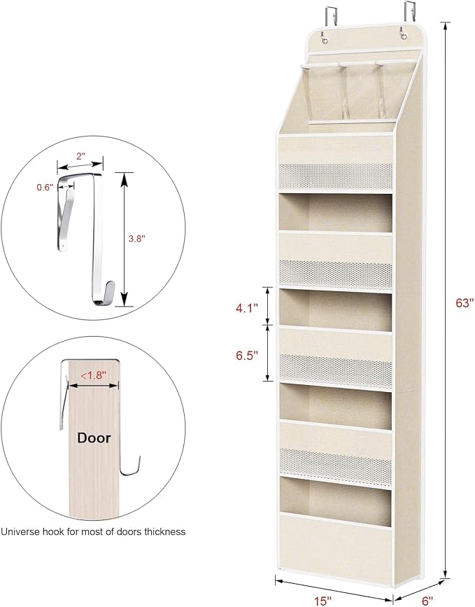 Univivi Over the Door Organizer for Baby Nursery, Beige Pattern, 6-Shelf | Door Storage with Large Capacity Breathable Mesh Pockets, Fabric Over Door Organizer for Baby Essential, Bedroom and Dorm