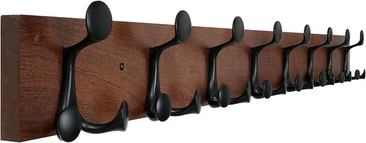 WEBI Coat Rack Wall Mount,43" Solid Wood Coat Hooks Wall Mounted Coat Hanger,16" Hole to Hole,Heavy Duty 8 Triple Hooks for Hanging Coats,Jacket,Hat,Backpack,Farmhouse,Reddish Brown