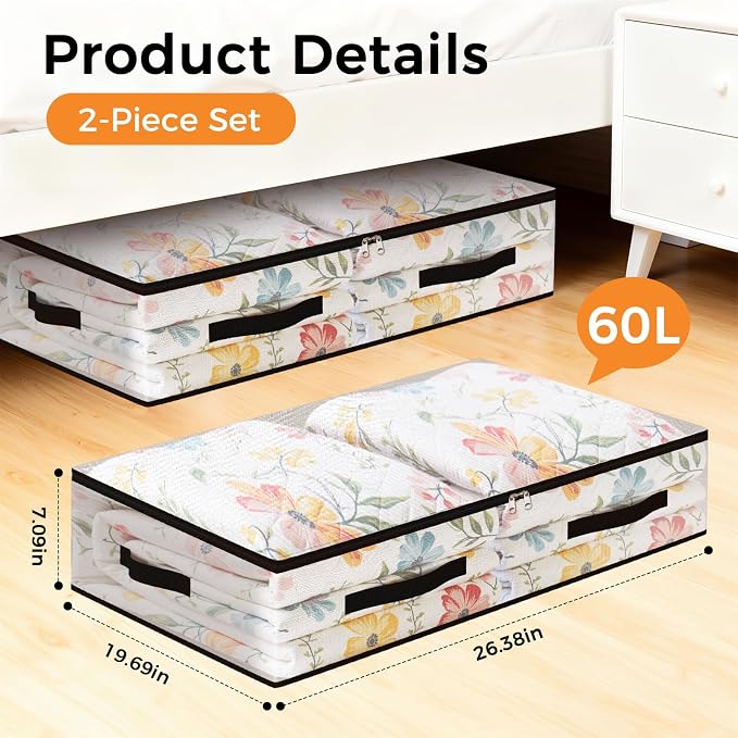 2 Pack Under Bed Storage Bags, 60L Foldable Clear Containers with Handles | Dual Zipper Storage Bins for Comforters, Bedding, Blankets, Closet Organizer for Clothes, Linen Sheets, Sweaters