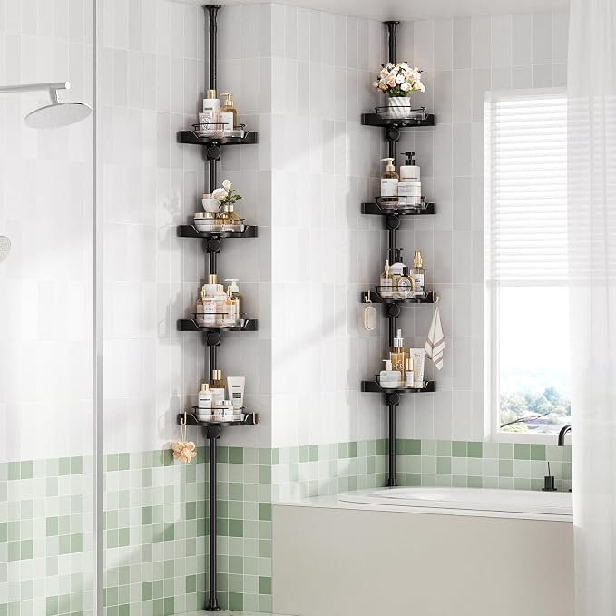 akinbas 360° Rotating Shower Caddy Tension Pole with 4-Tier Rustproof Lazy Susan 35-128 Inch No Drilling Coner Shelves Adjustable Shower Rack for Bathroom Bathtub Washbasin Plant Storage (Black)