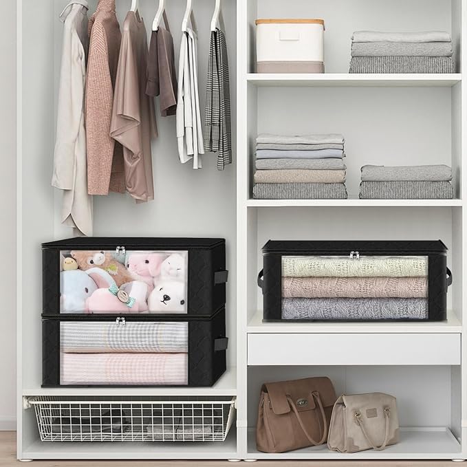 HomeHacks 6-Pack Clothes Organizer Storage Bags Foldable Storage Box with Large Clear Window Sturdy Handles for Closet, Dorm, Pillows, Bedding, Clothes, Stuffed Toys, Blankets, 35L, Black | Foldable Storage Box Container with Zippers, Clear Window, Rei...