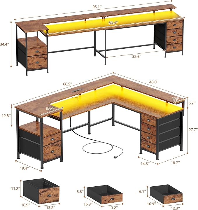 Furologee 66'' L Shaped Computer Desk with 6 Drawers & LED, Rustic Brown | Reversible Large Corner Desk with Printer Storage Shelves,LED Lights,Monitor Stand for Home Office,Working Writing Study