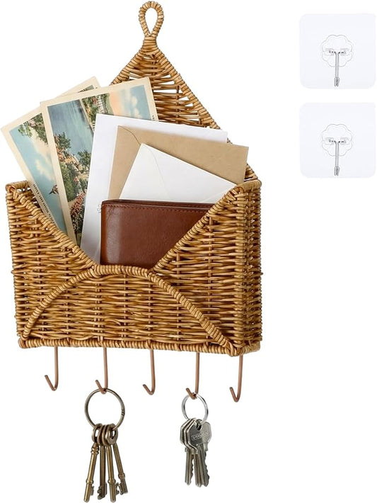Gerrii Wicker Key Holder for Wall Rattan Mail Shape Holder with 5 Hooks Boho Modern Farmhouse Wall Hanging Decor for Entryway Living Room Office Key Letter Newspaper Files Organizer