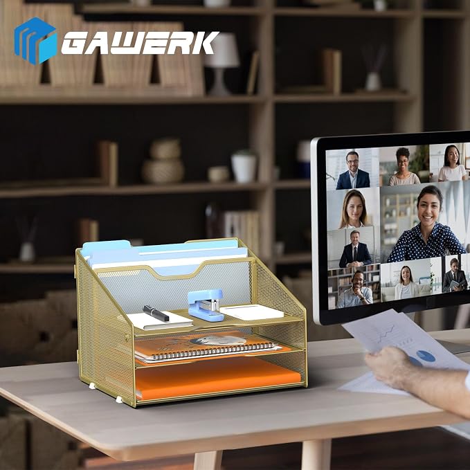 GAWERK Letter Tray Organizer, Mesh Desk File Organizer with 3 Paper Trays and 2 Vertical Upright Section (Gold)