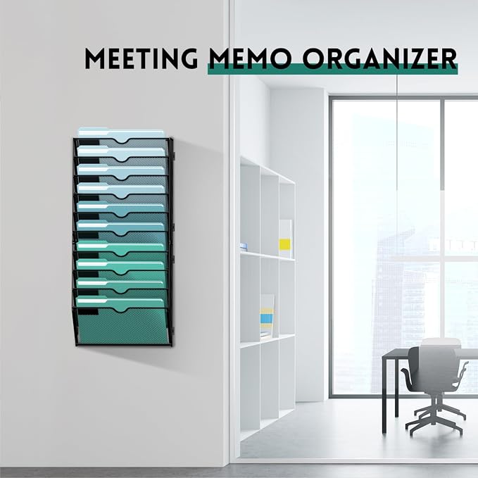 SUPEASY 10-Tier Wall File Organizer, Hanging Wall Files for Papers, Folders, Magazines, Wall Organizer for Clipboard, Assembly Needed, Black, 2 Pack | Metal Mesh Hanging File Organizer with Open Compartments and Label Panels for Papers and Folders at H...