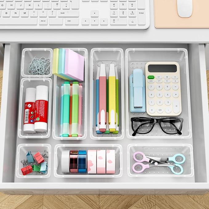 24 PCS Drawer Organizer Set, Makeup Organizers, Tool Storage Trays | 4 Sizes, Plastic, Stackable, Multiple Gadgets, Desk Drawer Divider Organizers, for Makeup, Office Supplies Storage