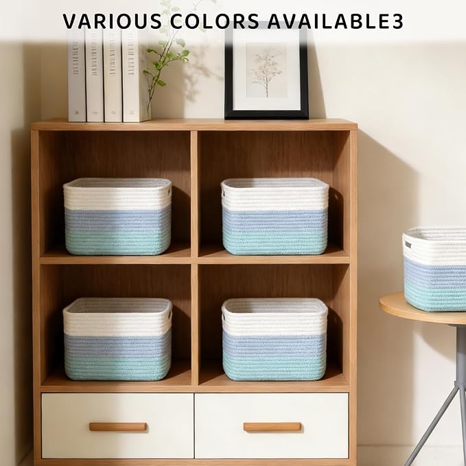 4 Pack Storage Baskets for Organizing, 11''Lx9''Wx8''H Woven Baskets for Storage Toys, Towels, Books, and Clothes, Cotton Rope Basket for Shelves with Handle