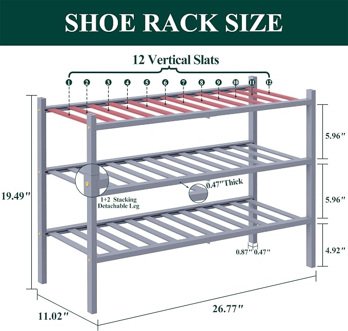 Smiry Bamboo Shoe Rack, 12 Vertical Slats, 3 Tier - 26.8" Wide, Grey | Stackable Free Standing Wooden Shoe Organizer, Wood Shoe Storage Shelf for Closet, Entryway