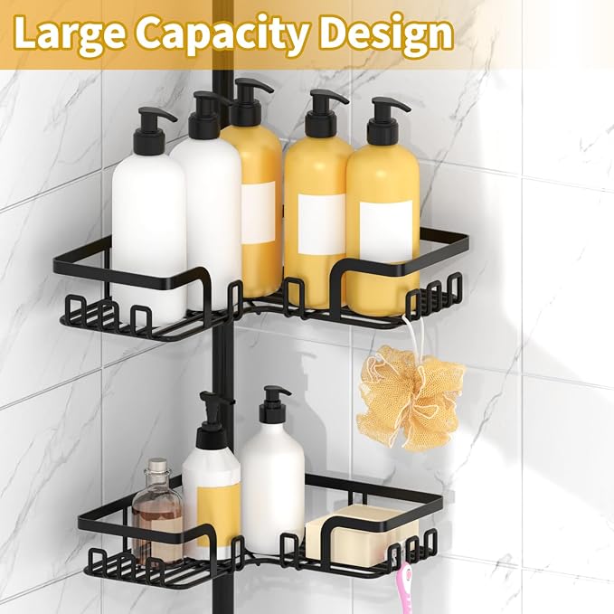 KEGII Shower Caddy Corner Tension Pole, Bathroom Organizer, 4-Tier Black | Rustproof Adjustable Rod with Floor to Ceiling Design, 25-114.2 inch Fit for Shampoo, Bath Essentials and Corner Storage