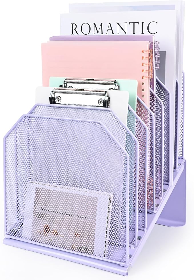 SUMMORO Inclined File Organizer for Desk, 7-Tier Vertical File Folder Holder Office Desk Organizer Metal Rack File Wire Mesh Desktop Document Sorter for Office School Classroom Home (Purple)