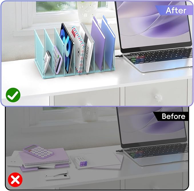 File Organizer for Desk, 7-Section Vertical File Sorter, Paper Holder Organizer Standing Metal File Folder for Office Home Classroom, Blue