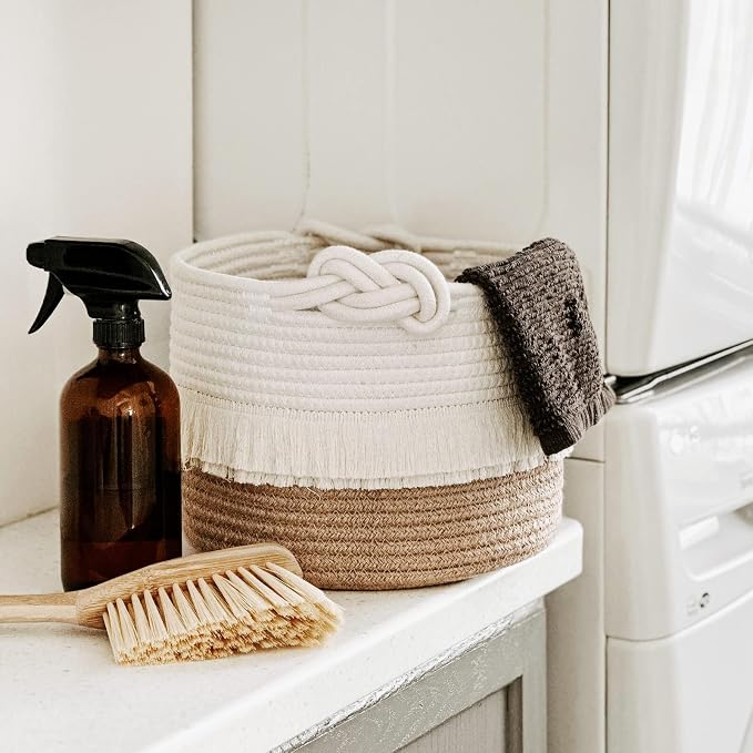 CherryNow Small Woven Rope Baby Basket with Tassel, 9.5" x 7", Jute | Cute Storage Basket for Baby Shower, Toys & Daily Essentials, Fits Nursery Living Room Decor, with Knotted Handles