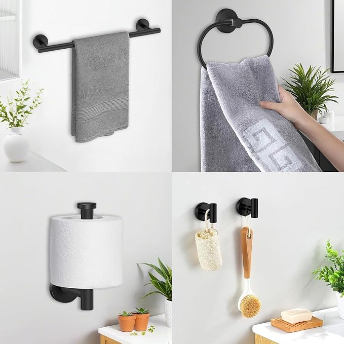 Black Bathroom Accessories Set, 7 Pieces Black Towel Bar Bathroom Hardware Set, 24 Inch Towel Racks for Bathroom, SUS304 Stainless Steel Bathroom Towel Holder Toilet Paper Holder Wall Mounted
