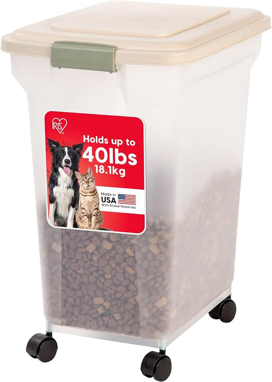 IRIS USA Dog Food Storage Container, Up to 40 lbs, Almond, Made in USA | Wheels for Mobility, Airtight Seal, BPA-Free, Best for Bird Seed, Cat food, Cat Litter, Chicken Feed, Pellets