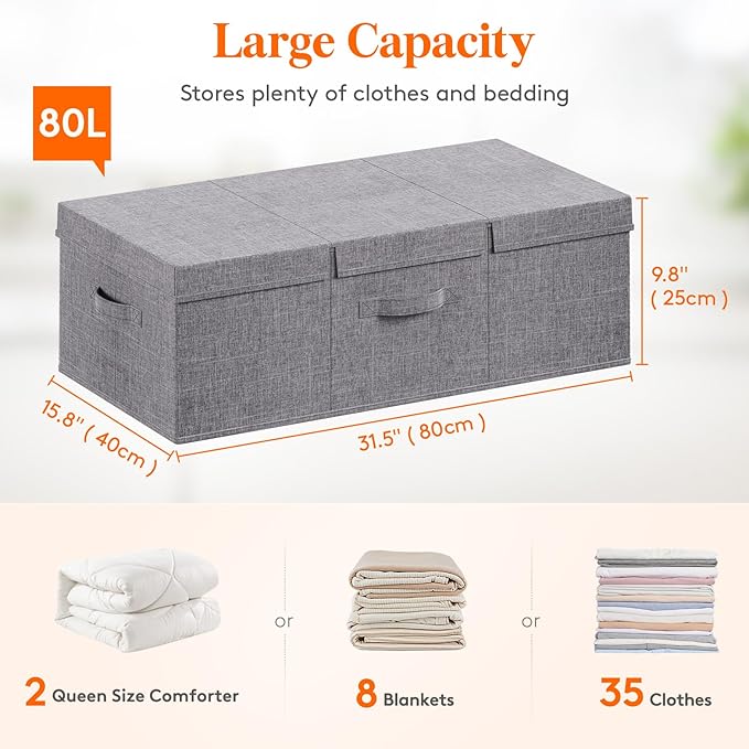 Lifewit 80L Under Bed Storage Containers, 9.8 Inch Tall Underbed Clothes Storage Organizer Bin with Sturdy Sidewalls, Bottom, 3 Lids, Deep Storage Drawer for Clothes, Shoes, Blankets, Pillows 4 Pack