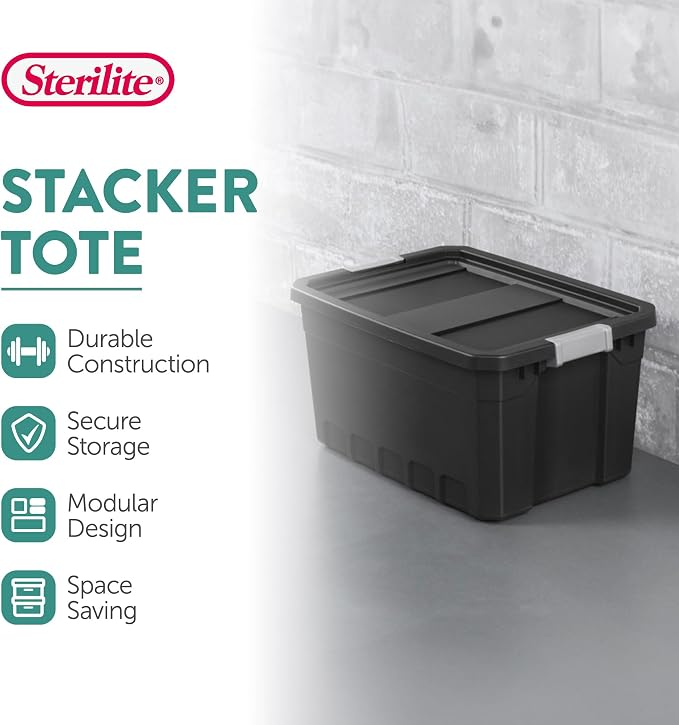 Sterilite Stacker Tote with Latching Lids for Garage, 19 Gallon, 12-Pack | Heavy-Duty and Stackable Plastic Boxes and Containers for Home, Desk, Cabinet, Dorm, Basement, or Utility Organization