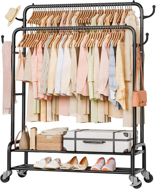 Homde Sturdy Garment Rack for Bedroom: 265 lbs Heavy Duty Clothes Organizer | 2 Hanging Rods Hold Coat to T-Shirt - Easy Roll & Park on Wheels - Metal Frame Stays Solid & Stable at Full Load