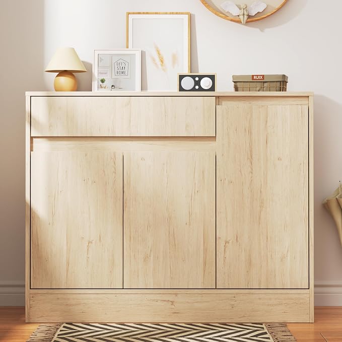 Housoul 39.4" W Shoe Storage Cabinet with 3 Doors & Drawer, Natural | Freestanding Modern Shoe Cabinet with Drawer & Adjustable Shelves, Wooden Shoe Organizer Cabinet for Entryway, Hallway