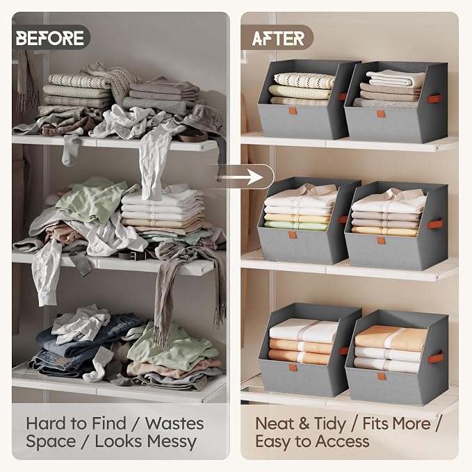 Homsorout Fabric Closet Storage Cubes - 8 Pack Square Storage Bins with Dual Handles for Clothes, Towels, Toys, Cube Storage Organizers for Bedroom, Nursery, Shelves, Closet, Small Spaces, Grey
