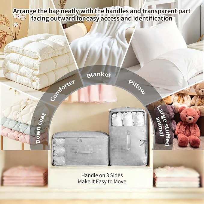 6 Pack Upgrade Comforter Storage Bag with Handle, Space Saving 3-Layer Adjustable In 3 Sizes (142L, 107L, 71L), Compression Blanket Storage Bags, Washable Bedding Organizer For Pillow Duvet Clothing