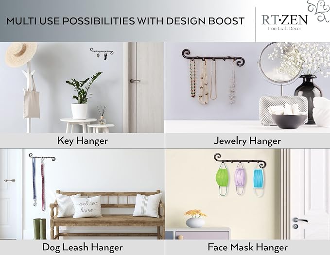 RTZEN Farmhouse Small Key Holder for Wall, Wrought Iron Wall Mount Rack | Handcrafted Swirl Decorative, 5 Key Hooks for Home Entryway, Purse, Coat and Leash Holder or Organizer (Classic Black)