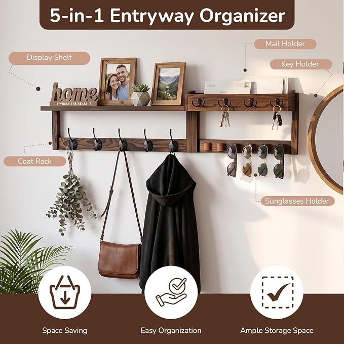 Wooden Key Holder Wall Mount with Shelf, Wall Key Rack and Mail Holder with 9 Key Hooks and 6 Sunglasses Holders, Farmhouse Key Hanger for Entryway Living Room Bedroom, Rustic Brown