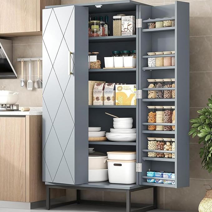 kepptory 51" Pantry Cabinet with Diamond-Patterned Doors and Golden Handles, Freestanding Kitchen Storage Cabinet with 17 Shelves, Tall Metal Base, Adjustable Feet, Grey