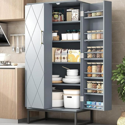 kepptory 51" Pantry Cabinet with Diamond-Patterned Doors and Golden Handles, Freestanding Kitchen Storage Cabinet with 17 Shelves, Tall Metal Base, Adjustable Feet, Grey