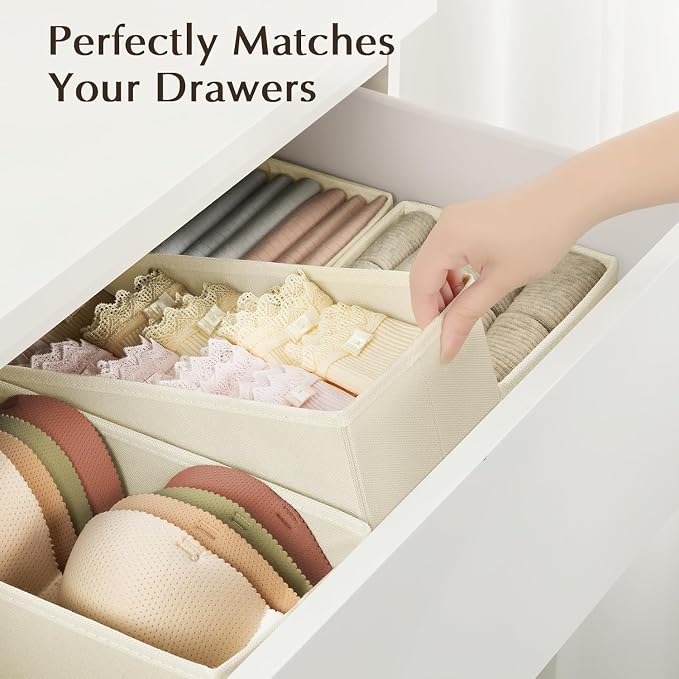 DIMJ Drawer Organizers Clothes, Set of 10 Dresser Organizer Bins, Fabric Closet Organizers and Storage, Shallow Drawer Dividers for Nursery, Clothing, Baby Clothes, Socks, Underwears, Tie (Beige)
