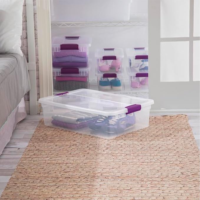 Sterilite 32 Qt ClearView Latch Storage Box, Stackable Bin with Latching Lid, Plastic Container to Organize Clothes Underbed, Clear Base, Lid, (Pack of 6)