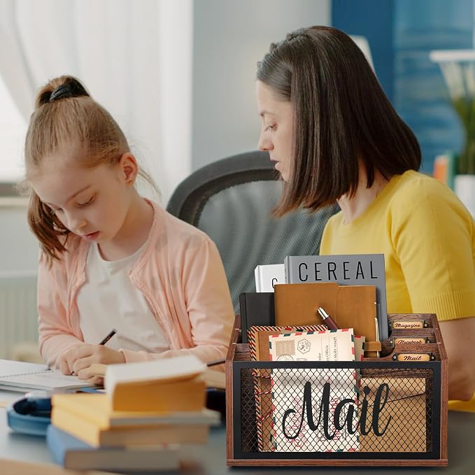 Mail Organizer Countertop with 3-slots | Wooden Mail Holder for Desktop | Farmhouse Mail Sorter Wall Mounted | Office Desk Organizers for Bill Letter File