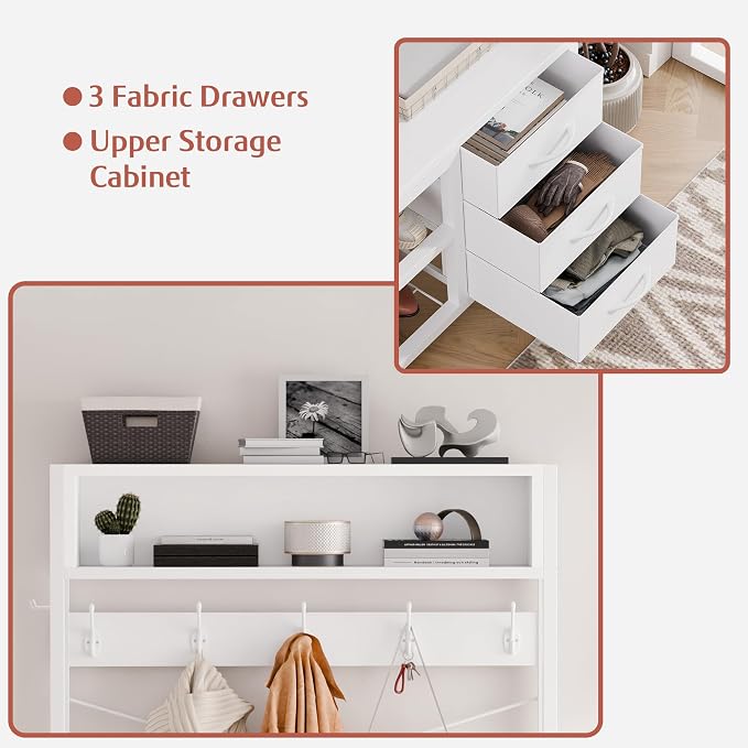 Hall Tree with Bench and 3 Drawers Storage, 31.5" Coat Rack Freestanding | White, 6-in-1, Top Cubby, 12 Coat Hooks, Adjustable Shoe Rack, Sturdy Metal Frame, Entryway Organizer