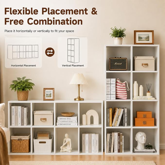 POWERSTONE 8 Cube Storage Organizer, Open Cube Bookshelf with Back Panels, Modern Display Cubby Bookcase for Bedroom Living Room Home Office, White