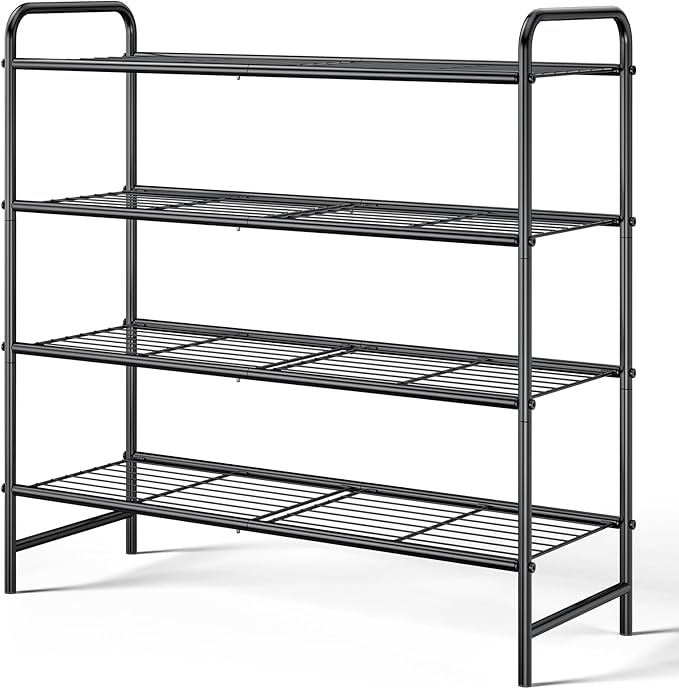 Kitsure Stainless Steel Shoe Rack Organizer, 25.6" Wide - 4 Tier, Black | Sturdy Shoe Rack for Closet and Entryway, Free Standing Shoe Shelf, Closet Organizers and Storage