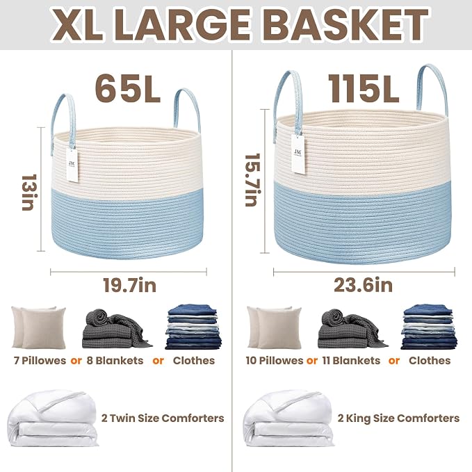 JMvicyroam 65L Extra Large Machine Washable Cotton Rope Blanket Basket | Collapsible laundry hamper, Reinforced handles, For blankets, pillows, toys and clothes, Living room and bedroom, White&Blue