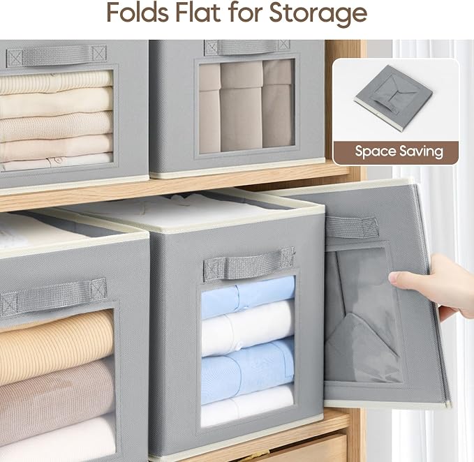 Storage Cube 11 Inch - Cube Storage Bins with Window, Closet Storage Baskets with Handle, Fabric Bins for Closet, Shelves, Toys, Clothes, Set of 6, Grey