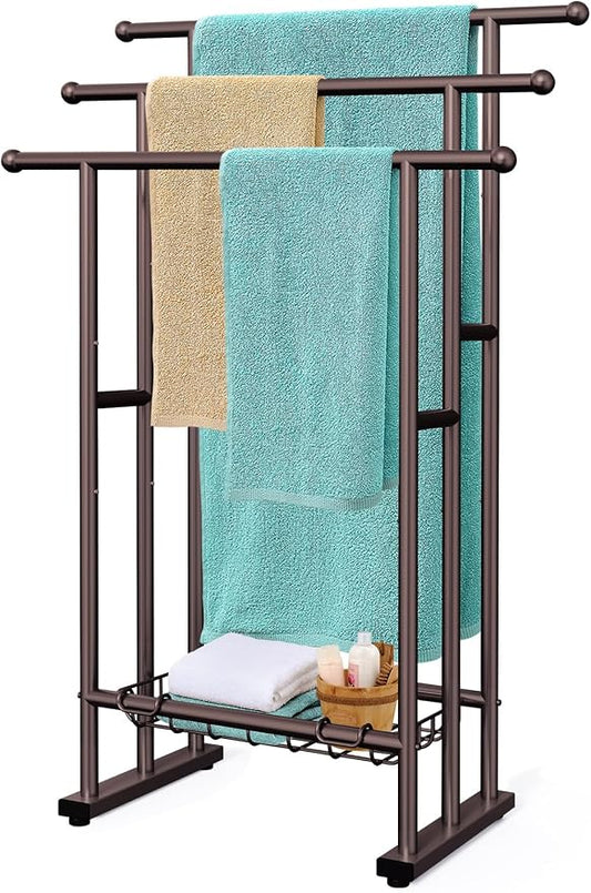 Kayfia 40'' Freestanding 3 Tier Alloy Steel Towel Rack with Storage Basket | Dual-Use Drying & Display Rack, Holds Oversized Bath Towels & Blankets, Fits Bathroom, Tub, Shower, Poolside, Bronze