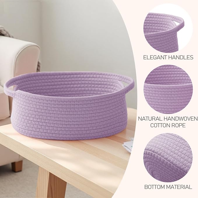 JMvicyroam Small Woven Basket, Empty Gift Basket, Purple/2 Pack | Small Gift Basket, Cotton Rope, 12 x 8 x 46 in, Handles, Includes Ribbon and Bag, Birthday Gift Basket