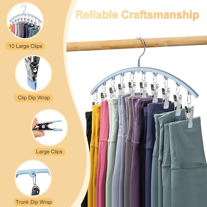 Volnamal Legging Organizer for Closet, Metal Yoga Pants Hanger w/Rubber Coated 1 Pack w/10 Clips Hold 10 Leggings, Hangers Space Saving Hanging for Closet Organizers and Storage-Blue