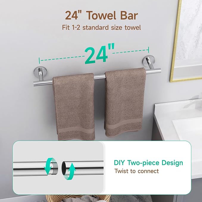 USHOWER 8PCS Polished Chrome Bathroom Hardware Set, 24-Inch Towel Bar Set | Durable SUS304 Stainless Steel Bathroom Accessories Set, Towel Racks for Bathroom Wall Mounted, Modern Home Decor