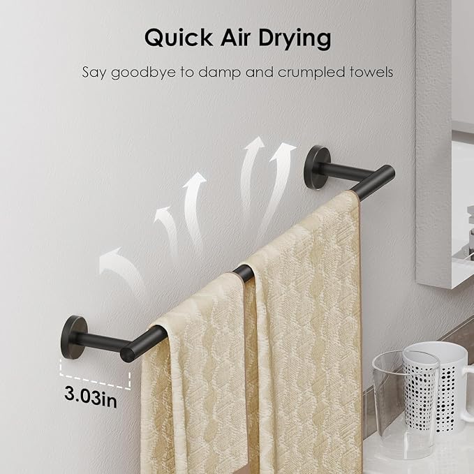 FORIOUS Bathroom Accessories, 4-Piece Bathroom Hardware Set - 18" Towel Bar | Matte Black | Towel Hooks, Towel Racks for Bathroom, Toilet Paper Holder Wall Mounted & Towel Ring | SUS304 Stainless Steel