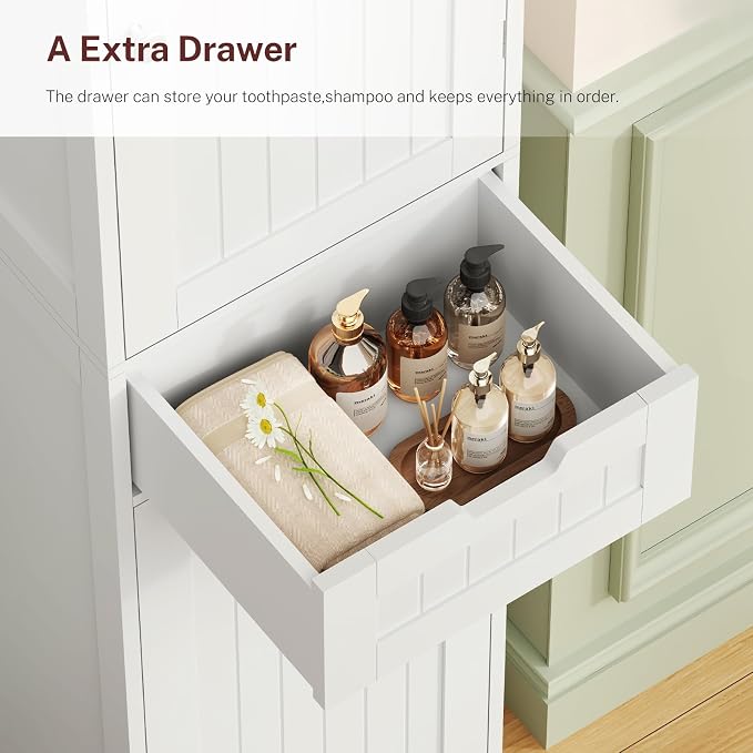 67" H Tall Bathroom Cabinet with 2 Doors & 1 Drawer, Narrow Bathroom Storage Cabinet with Adjustable Shelves, for Living Room, Entryway, Kitchen, White