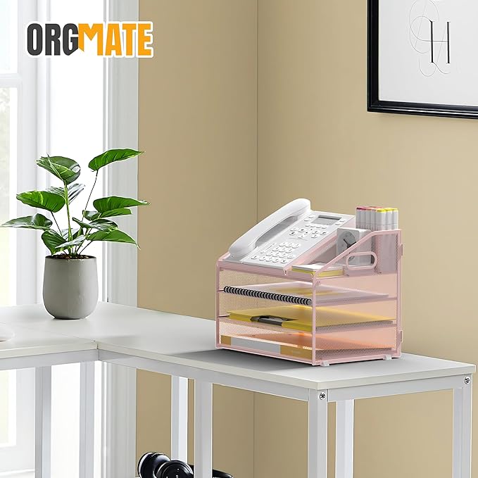 4 Tier Mesh Desk Organizer with Pen Holder and Handle Letter Tray | Metal desktop document shelf and paper sorter. Premium mesh workspace storage for office, home, and classroom
